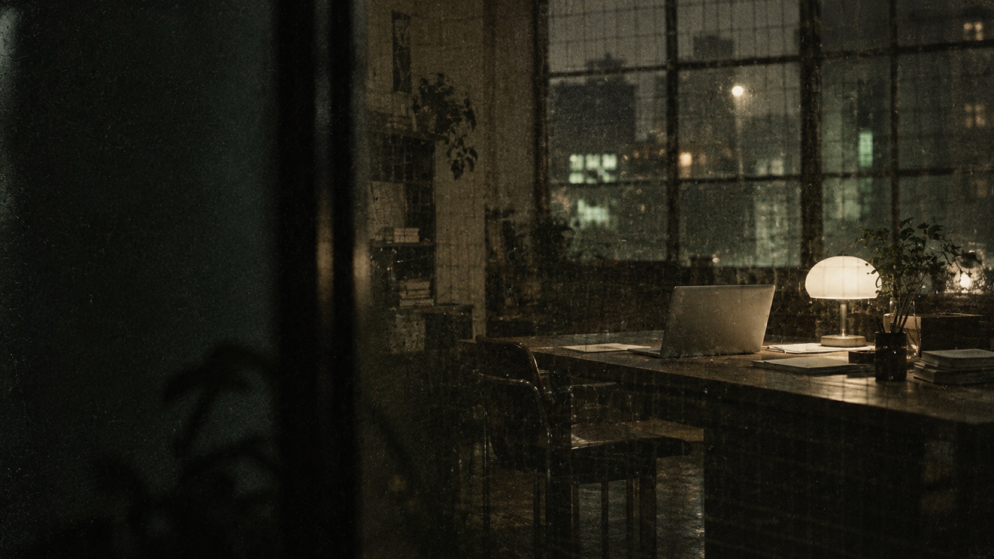 A grainy evening photograph of a desk lamp and laptop seen through textured studio glass